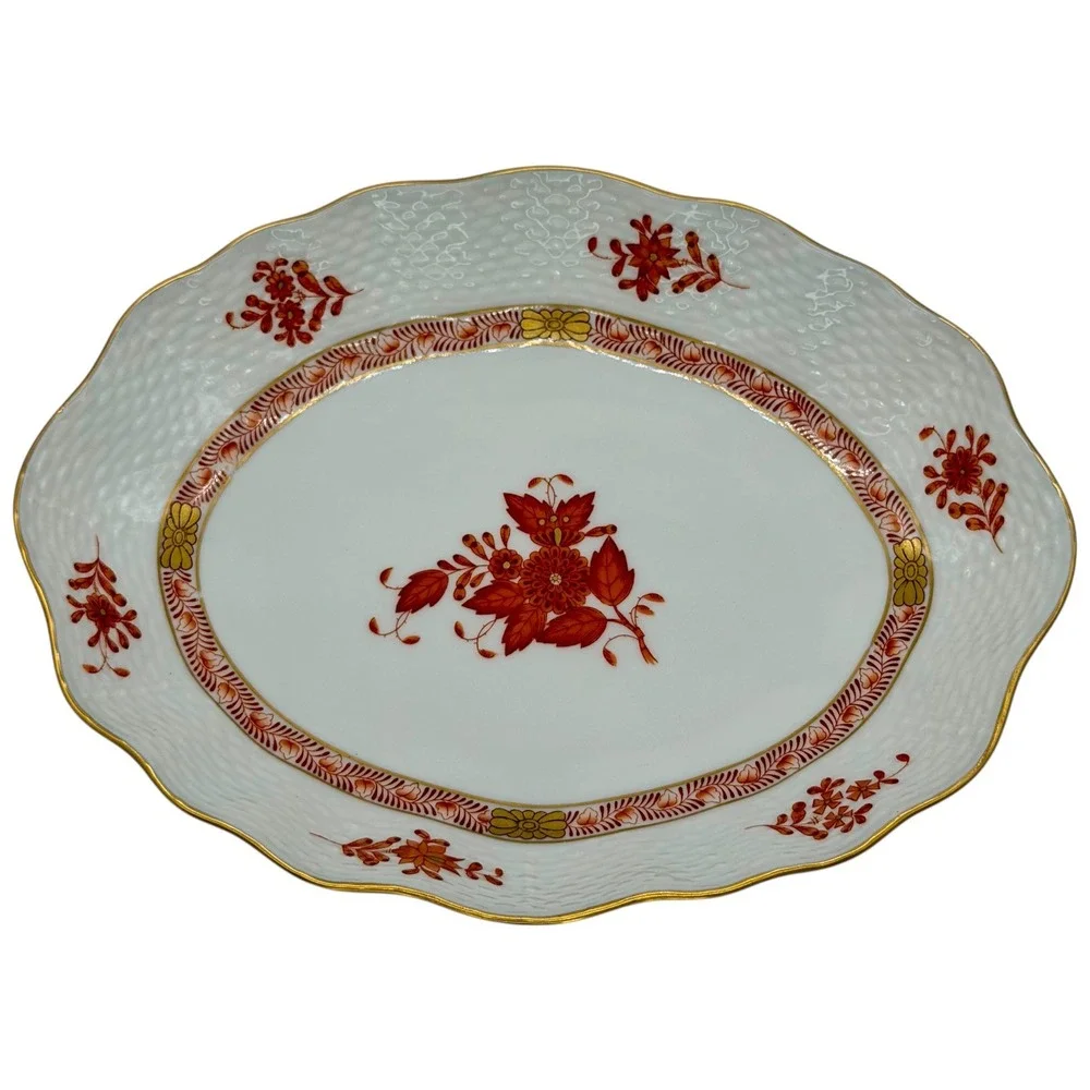 Herend Hungary Apponyi Orange Chinese Bouquet Oval Serving Dish 212/AOG‎ 8 Inch